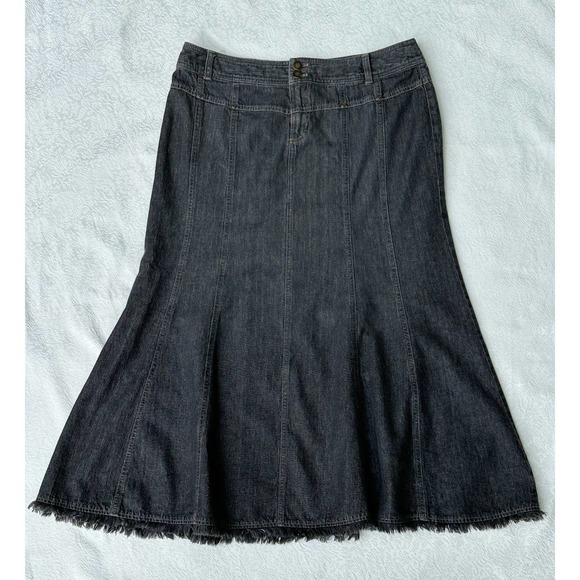 Vintage Y2K Black Denim Fluted Skirt Fringe ShabbyChic Retro StreetStyle Modest - Picture 4 of 10